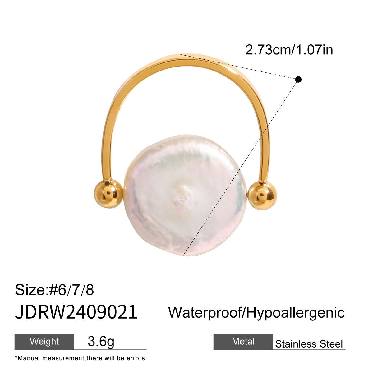 Stainless steel 18k gold-plated pearl ring