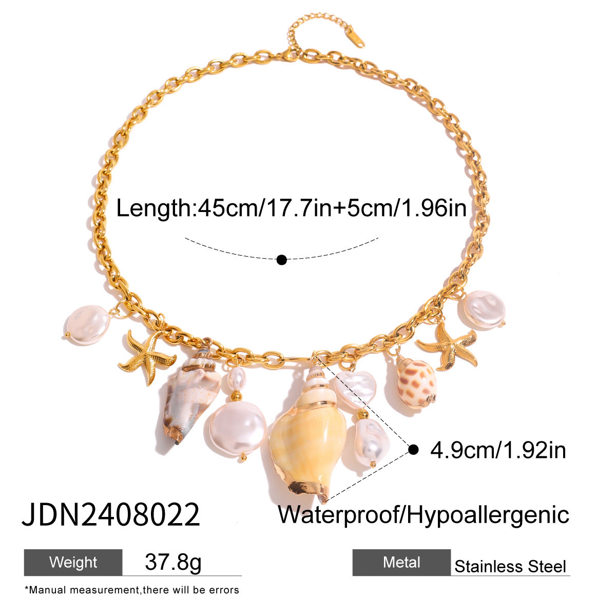 Stainless steel 18k gold-plated shell and pearl pendant necklace