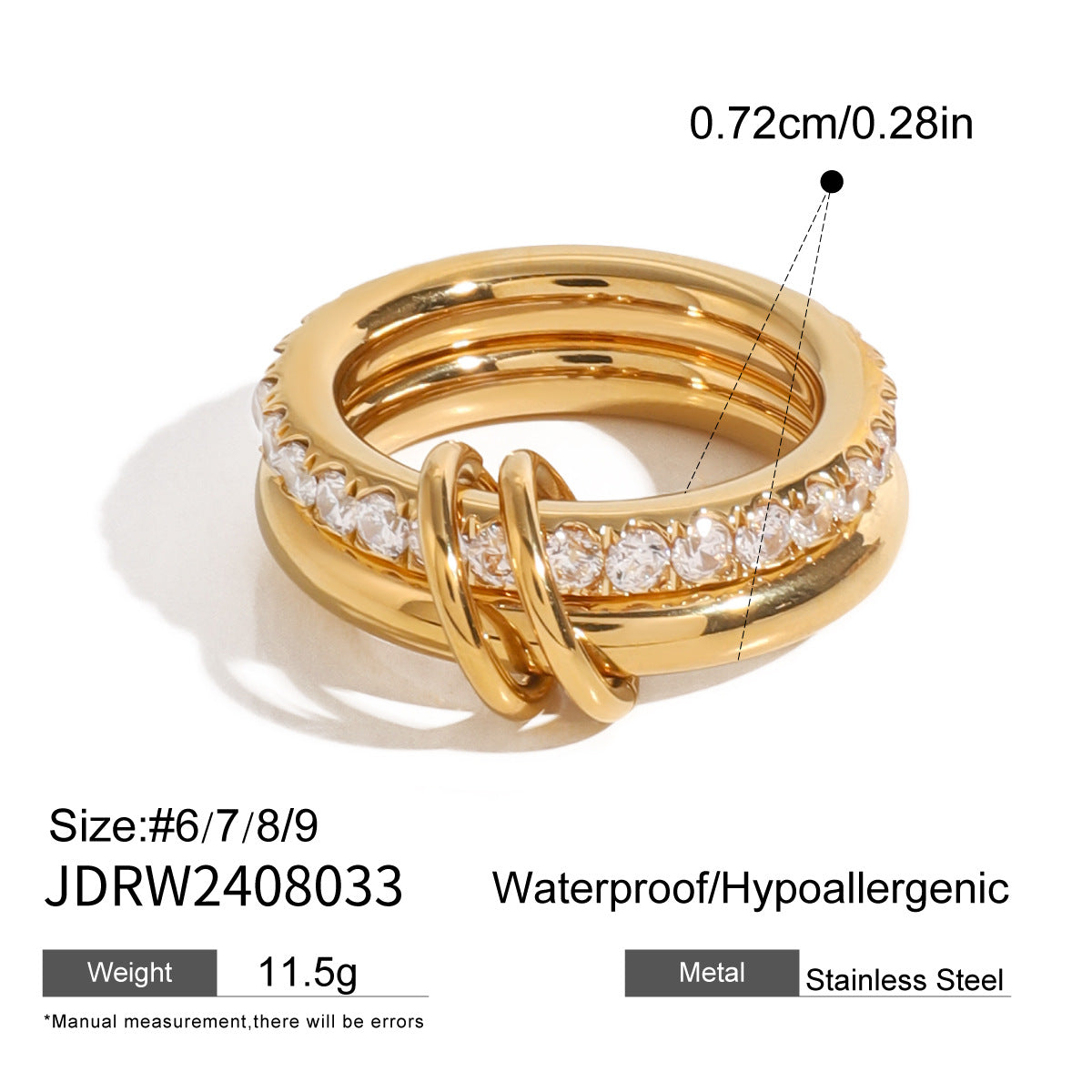 Stainless steel 18k gold-plated diamond-embellished stackable plain band rings