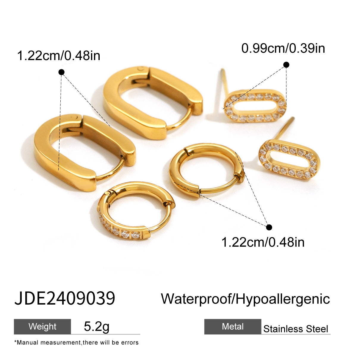 3 pairs of Stainless Steel 18k Gold-plated Circle Rhinestone Earrings