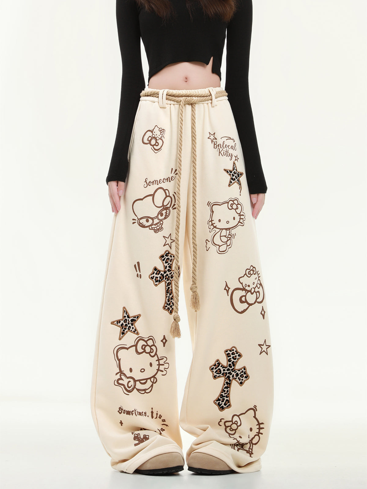 HK Wide Leg Sweatpants for Women – KT Print Loose Fit Casual Pants, Autumn Straight Leg Trousers