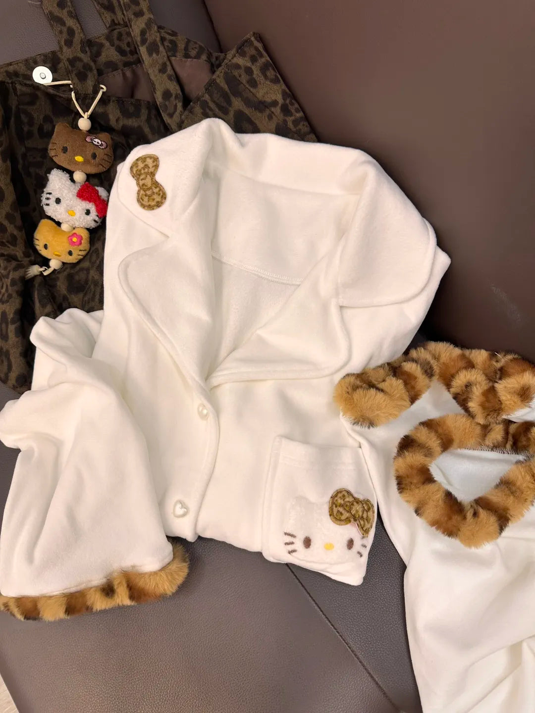 Hello Kitty Ivory Pajama Set with Leopard Trim