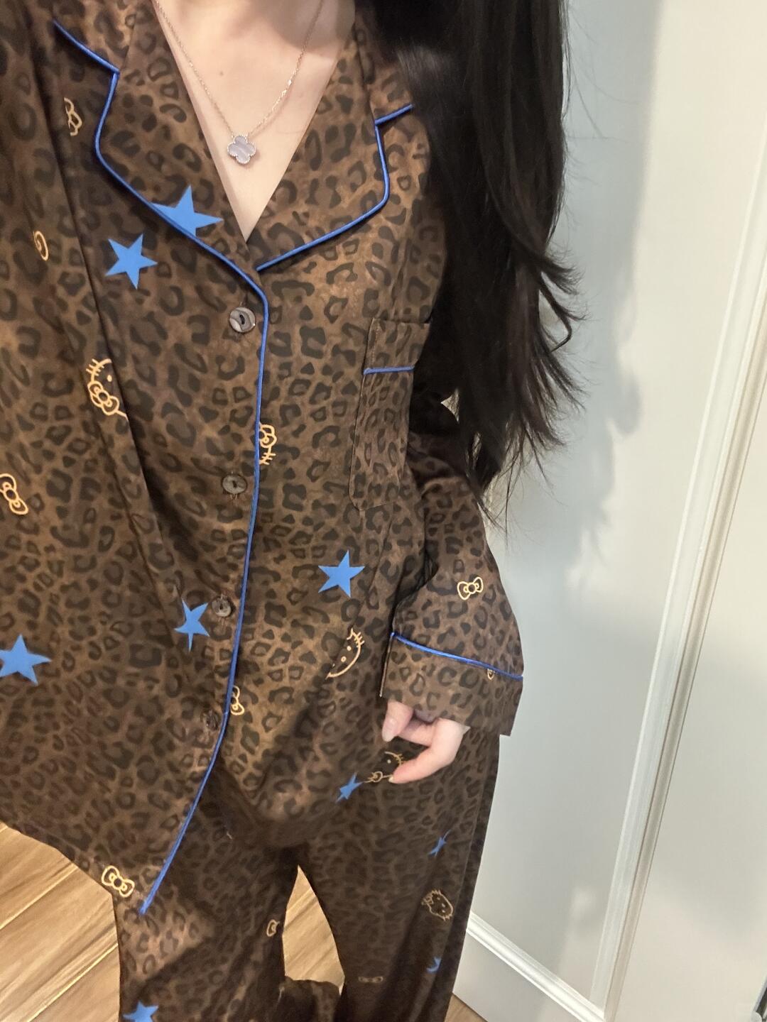 Blue Star Leopard HK Satin Pajama Set – Soft Silky Sleepwear for Women, Loungewear with Kawaii Kitty Design