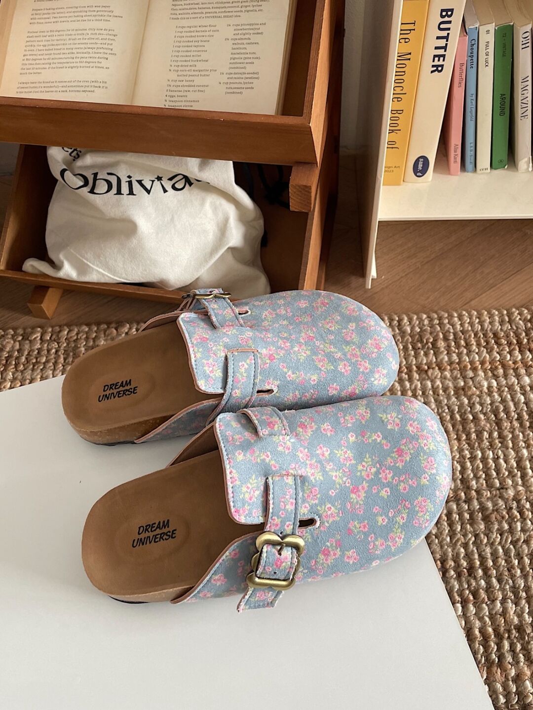 Floral Print Suede Clogs Leather Mules Cork Footbed Sandals Potato Shoes with Arch Support