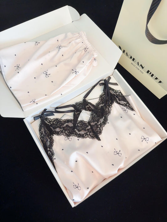 Black Lace Pink Satin Pajama Set for Women 2 Piece Silky Lingerie Sleepwear Camisole Pj Shorts Set Soft Nightwear