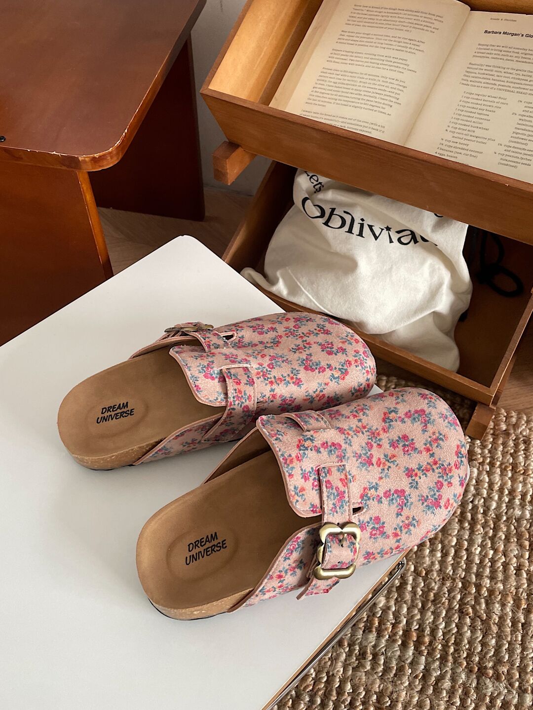 Floral Print Suede Clogs Leather Mules Cork Footbed Sandals Potato Shoes with Arch Support