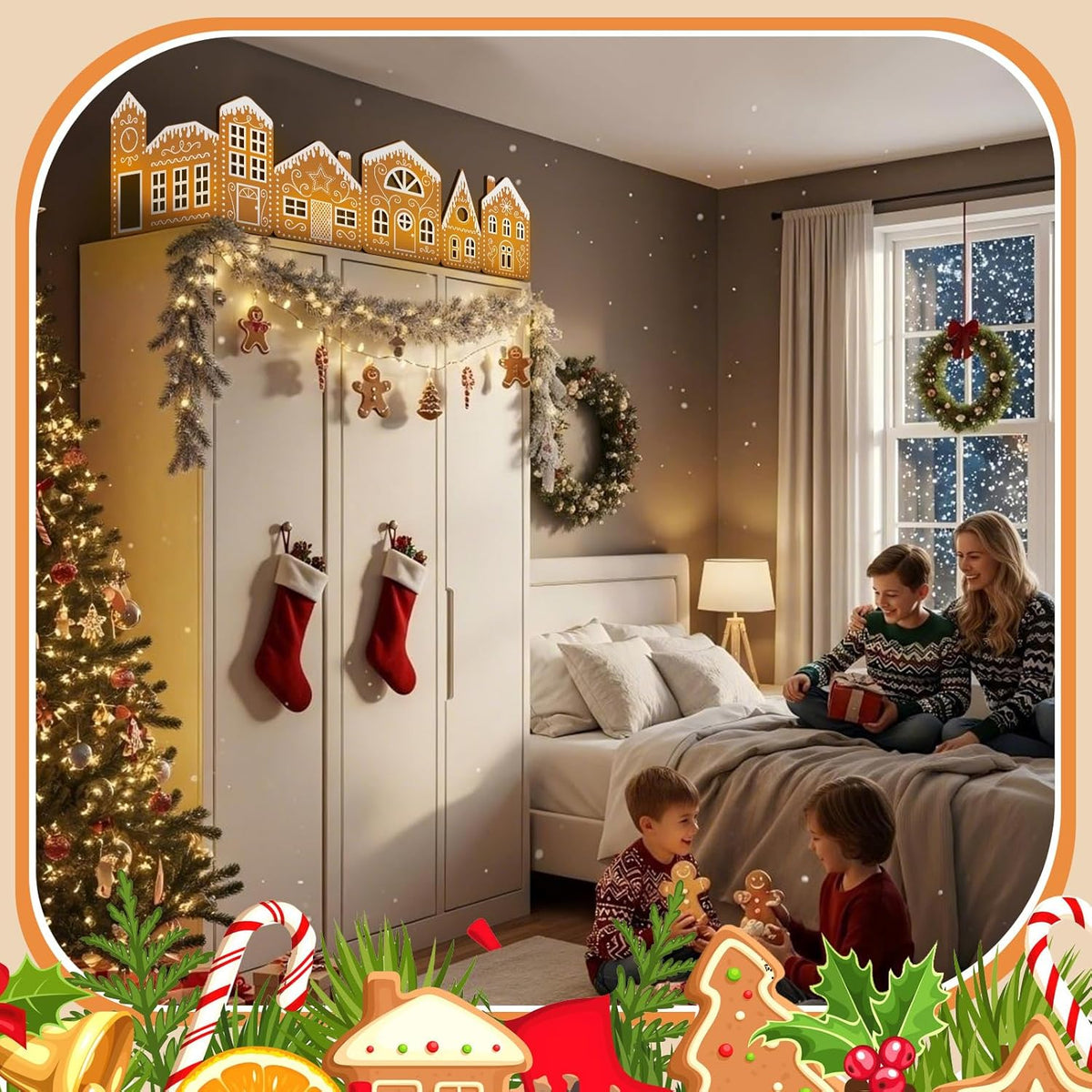 Christmas Gingerbread House Cardboard Kit with LED Lights – Create a Festive Village for Home, Kitchen Cabinets & Holiday Parties