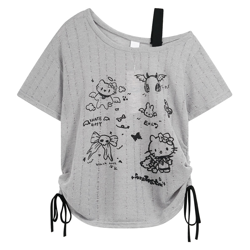 HK Off-Shoulder Crop Top - Drawstring Waist Summer Tee for Women