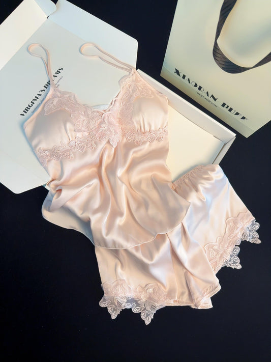 Pink Lace Satin Pajama Set for Women 2 Piece Silky Lingerie Sleepwear Camisole Pj Shorts Set Soft Nightwear