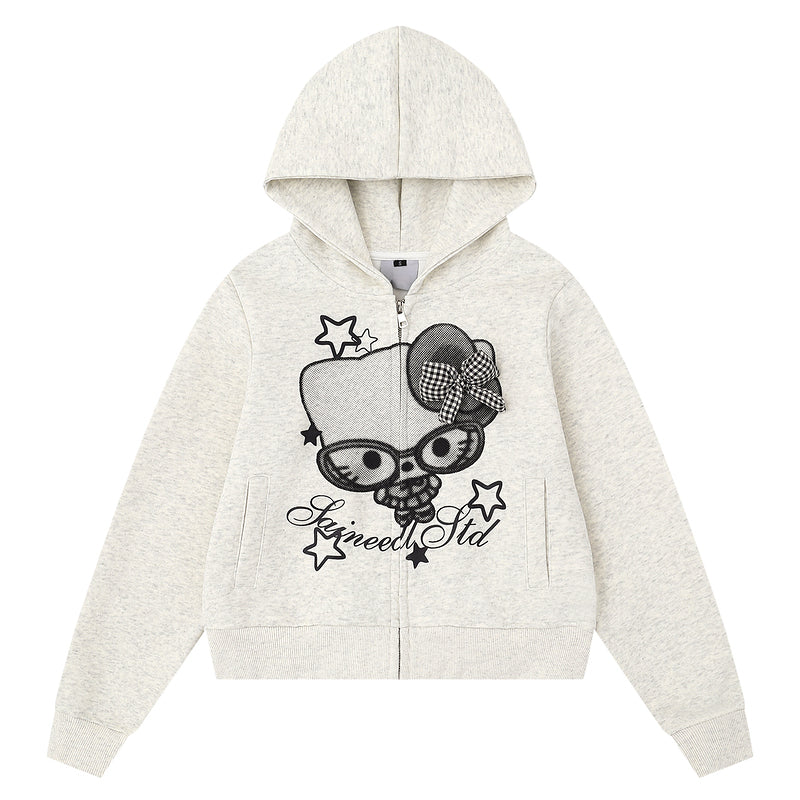 HK Cartoon Bow Hoodie Jacket for Women – Cute Kitty Print Zip Up Sweatshirt, Casual Y2K Short Coat