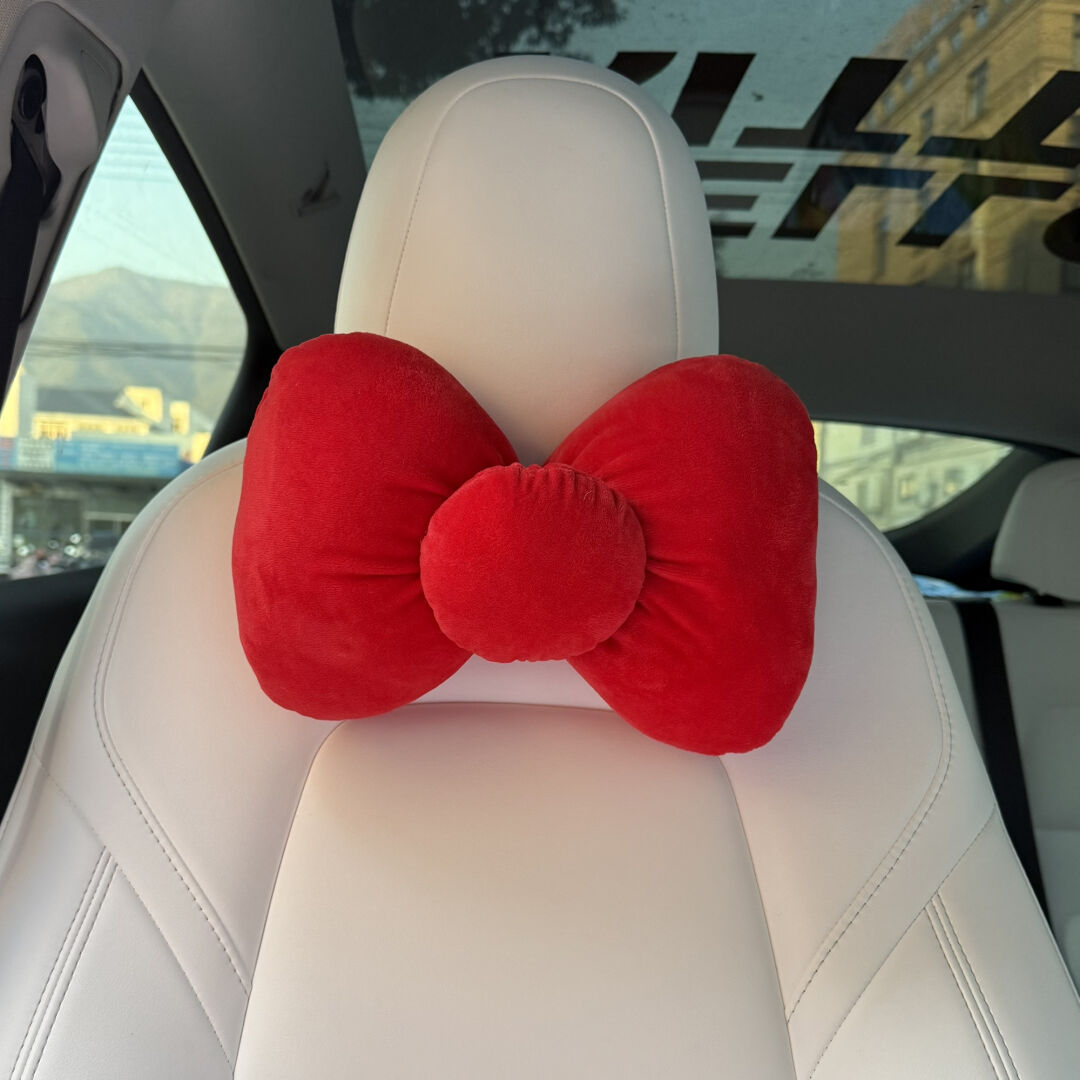 HK Red Bow Car Seat Accessories Set, Plush Seatbelt Shoulder Pad & Headrest Pillow, Cute Auto Interior Decor