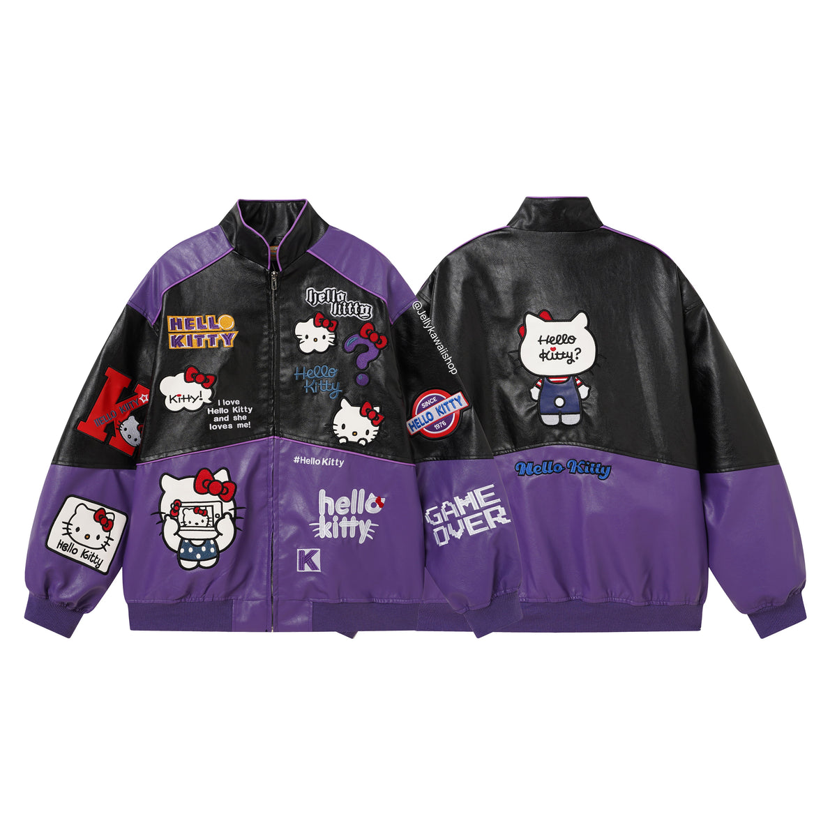 Hello Kitty Black & Purple Embroidered Bomber Jacket Unisex Coats