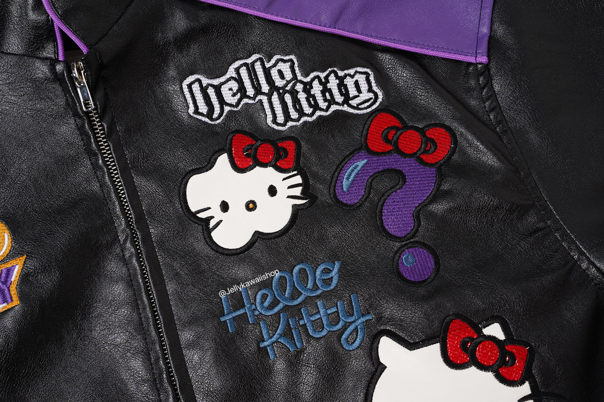 Hello Kitty Black & Purple Embroidered Bomber Jacket Unisex Coats