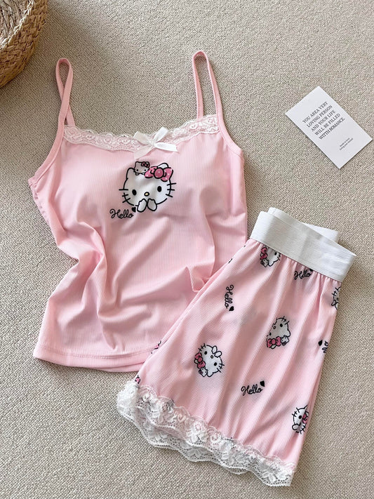 Hellokitty Pink Lace Pajama Set for Women 2 Piece Lingerie Sleepwear Camisole Pj Shorts Set Nightwear