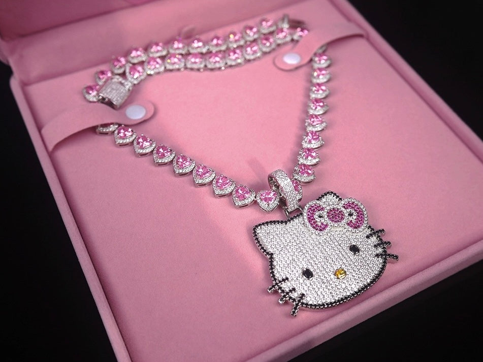 Hellokitty Sparkly Rhinestone Chunky Chain Necklace Jewelry(Velvet Gift Box Packing)