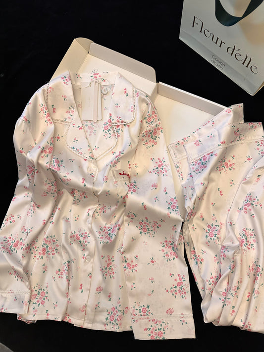 Girly Floral Print Slik Stain Pajamas Set Long Sleeve Sleepwear Button Down Nightwear Soft Pj Lounge Sets