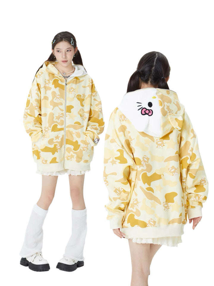 Hellokitty Camouflage Hoodies Fall Jacket Oversized Sweatshirts Casual Drawstring Zip Up Y2K Hoodie with Pocket