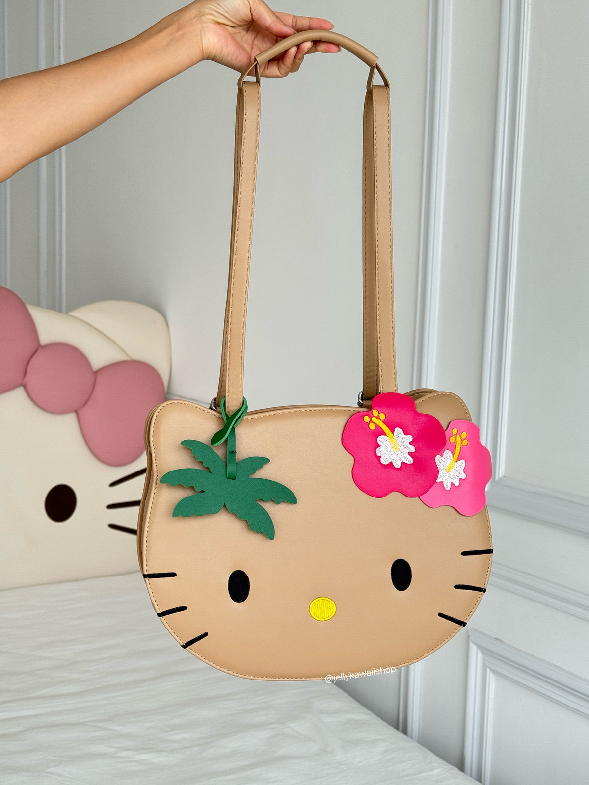 Tan Hawaii Hellokitty PU Tote Bag Adjustable Strap Backpack