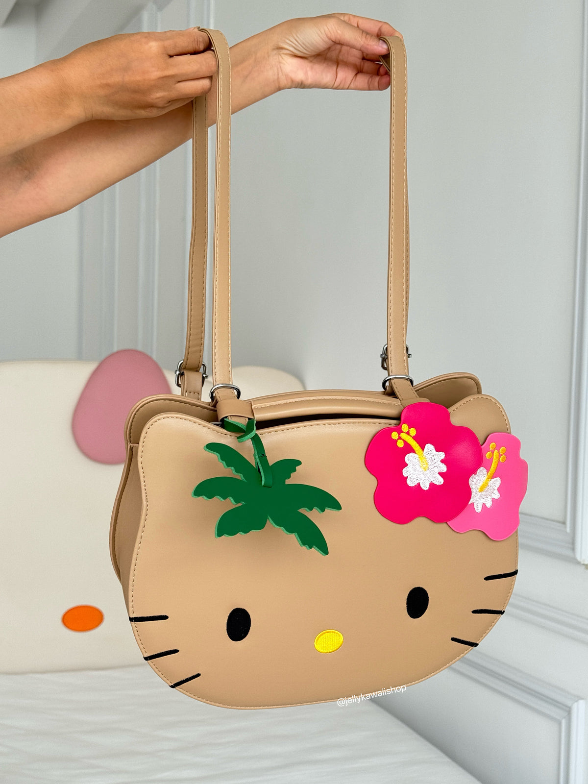 Tan Hawaii Hellokitty PU Tote Bag Adjustable Strap Backpack