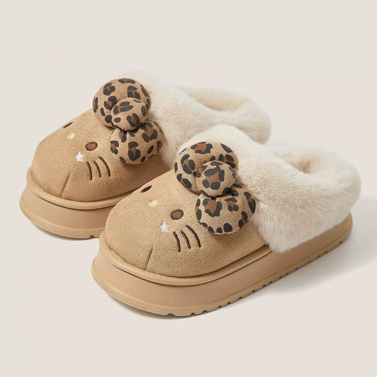 Hellokitty Fuzzy Brown Slippers Fluffy Fall Winter House Shoes Indoor and Outdoor