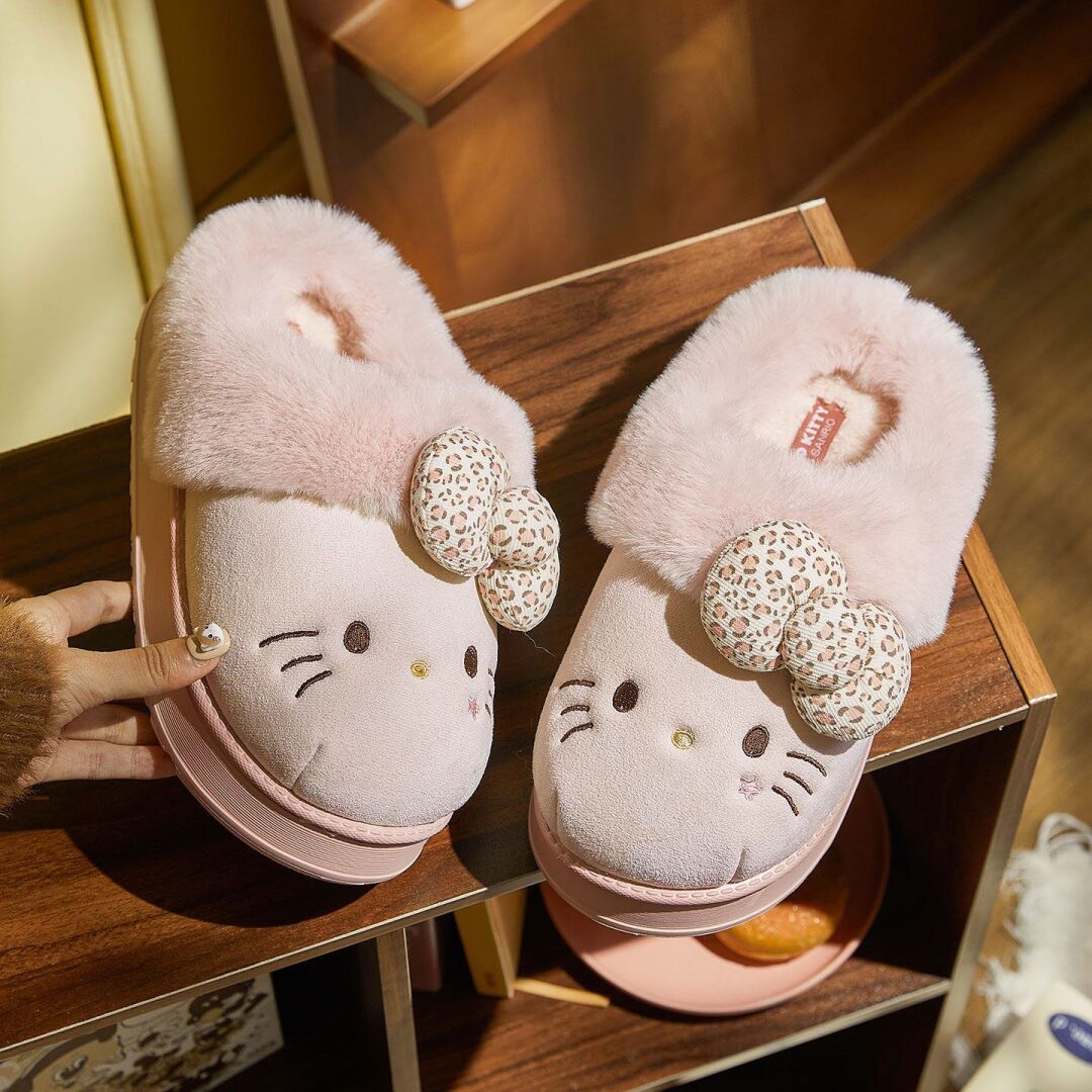 Hellokitty Fuzzy Brown Slippers Fluffy Fall Winter House Shoes Indoor and Outdoor
