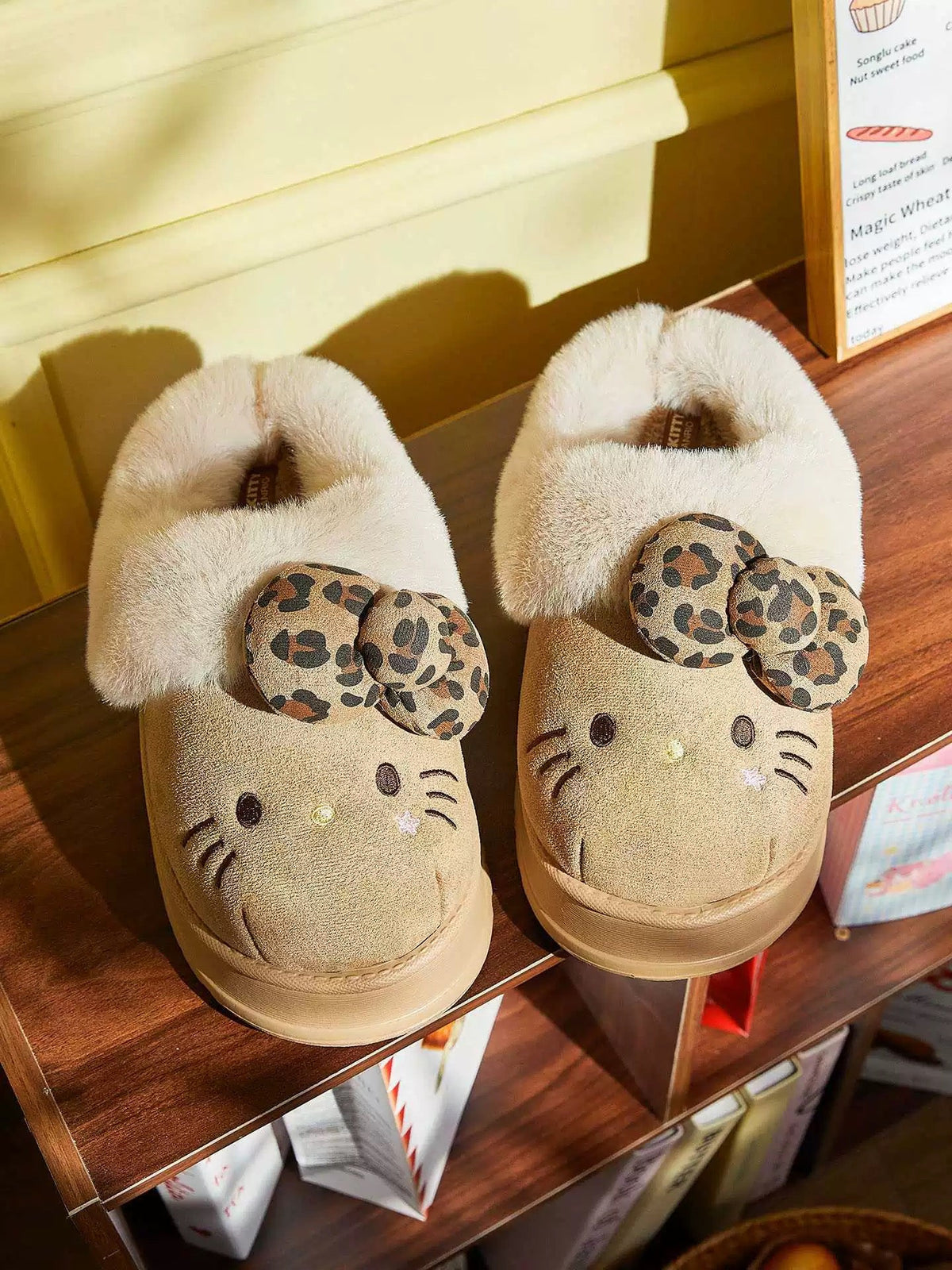 Hellokitty Fuzzy Brown Slippers Fluffy Fall Winter House Shoes Indoor and Outdoor