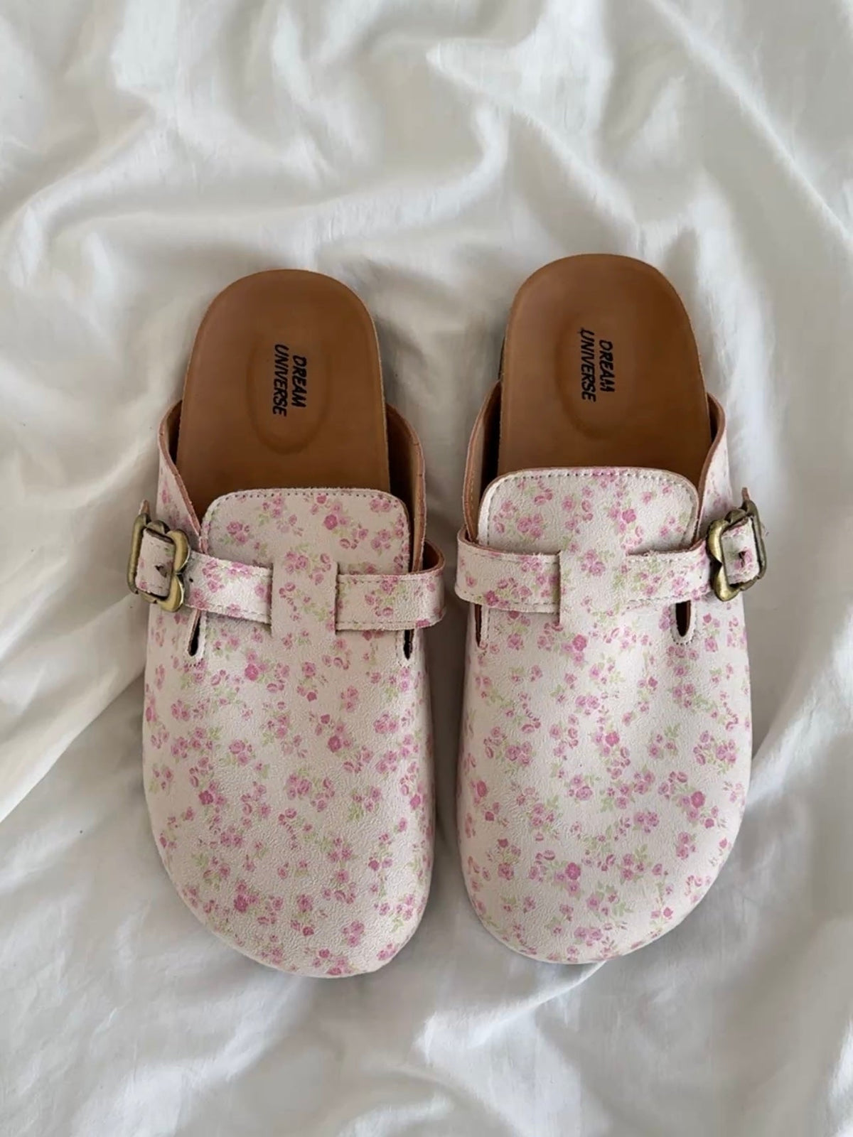 Floral Print Suede Clogs Leather Mules Cork Footbed Sandals Potato Shoes with Arch Support