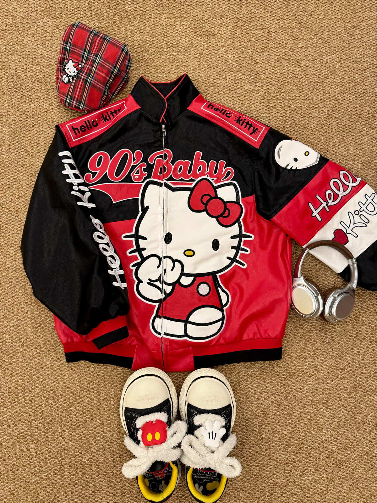 Hellokitty Red and Black Faux Leather Jacket Oversized Racing Motorcycle Jackets Moto Coats Unisex Trendy Streetwear Jacket