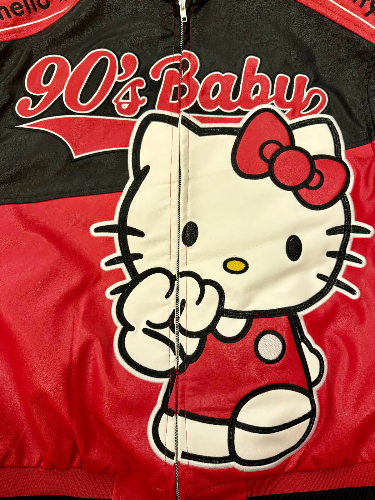 Hellokitty Red and Black Faux Leather Jacket Oversized Racing Motorcycle Jackets Moto Coats Unisex Trendy Streetwear Jacket