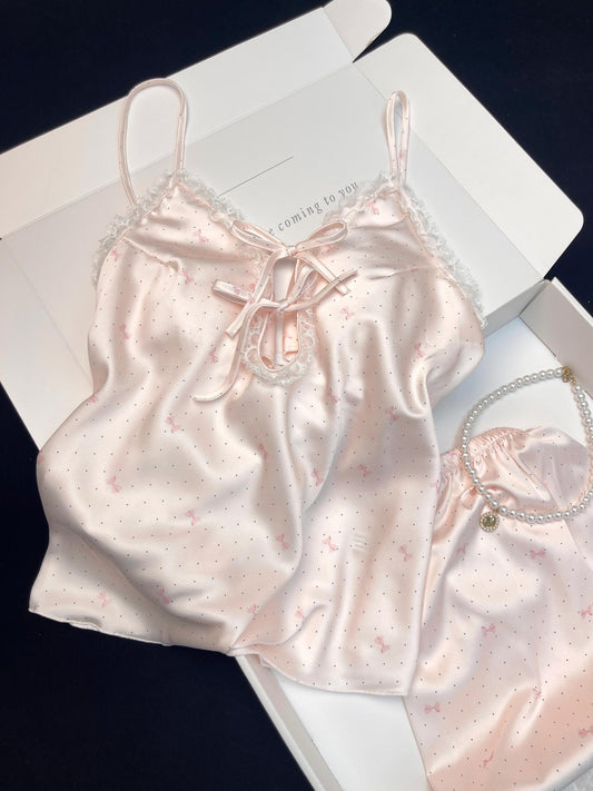 Pink Bow Print Satin Pajama Set for Women 2 Piece Silky Lingerie Sleepwear Camisole Pj Shorts Set Soft Nightwear