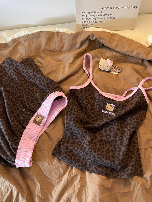 Hellokitty Leopard Print Cotton Cute Short&Long Pajama Set 2 Piece Sleepwear
