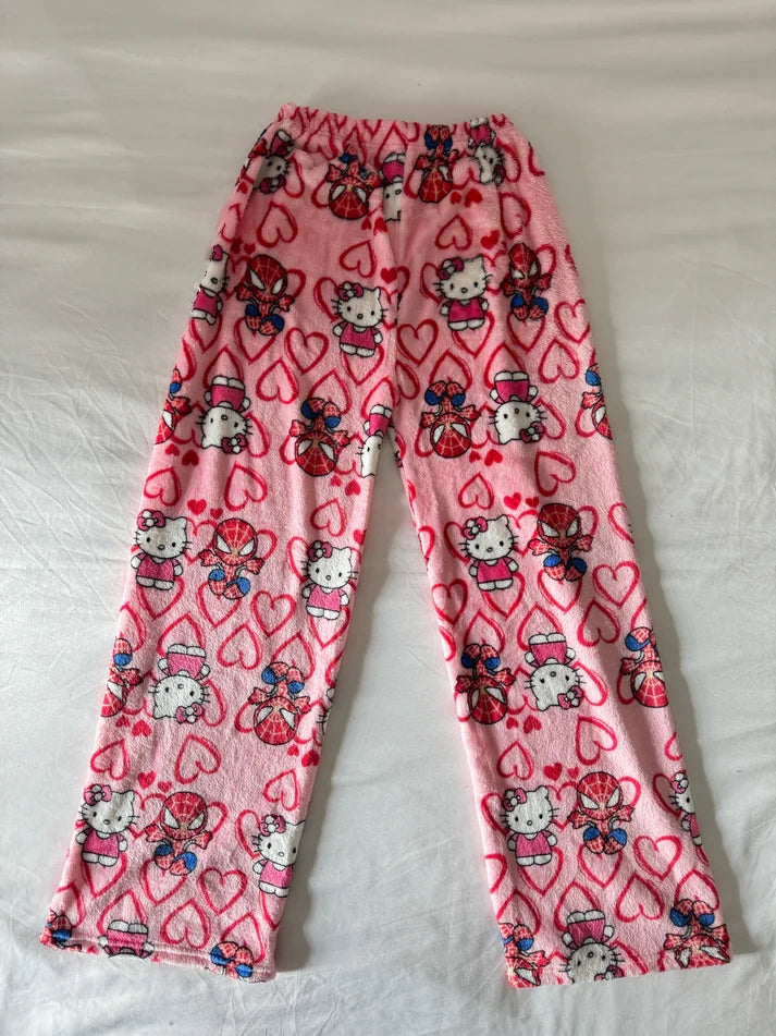 Hellokitty Spiderman Plush Pajama Pants Soft Fluffy Fleece Warm Pjs Bottoms Sleepwear Comfy Fuzzy Lounge Pants