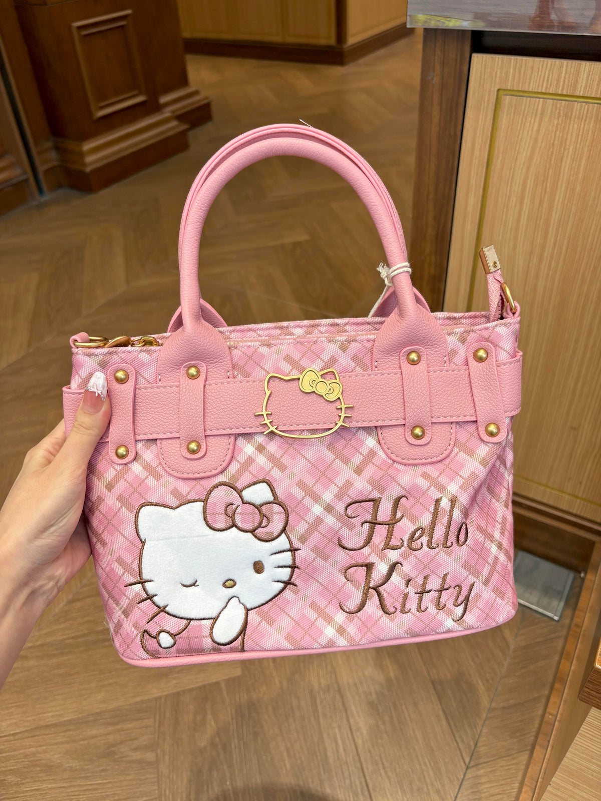 Hellokitty Embroidered Plaid Tote Bag Handbag