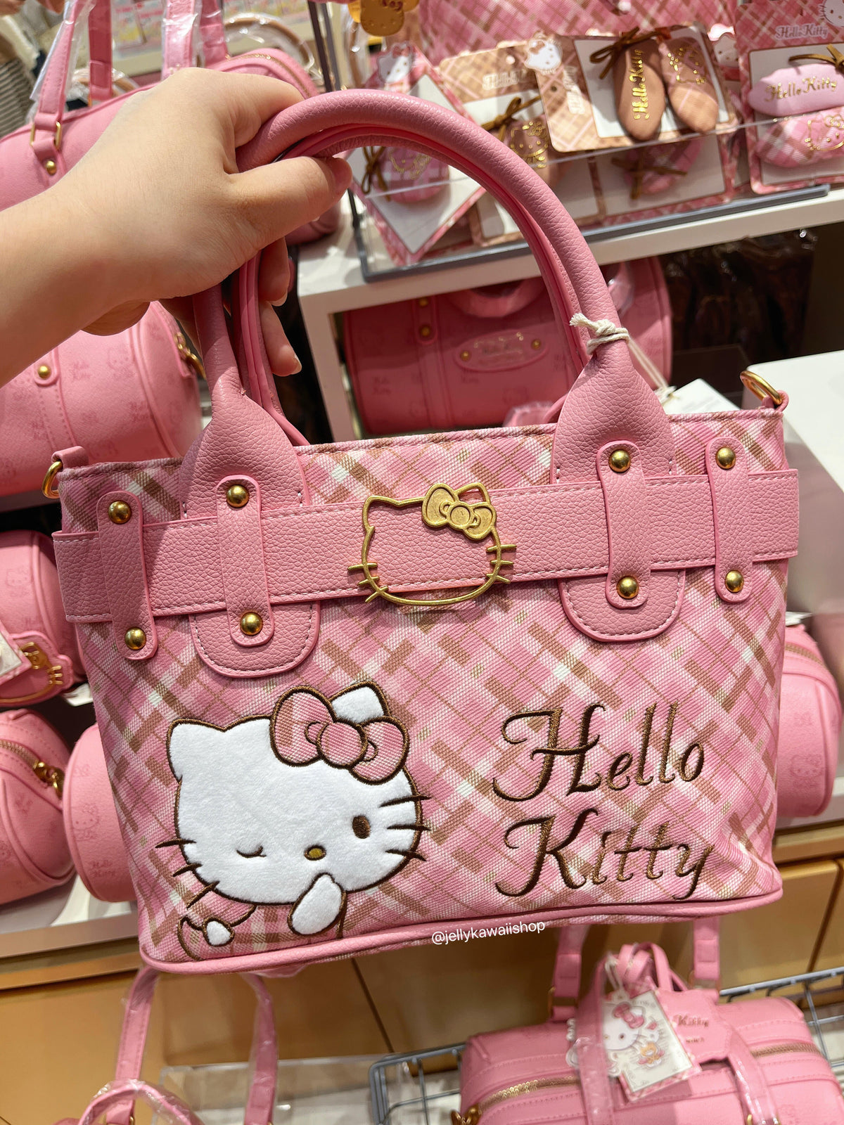 Hellokitty Embroidered Plaid Tote Bag Handbag