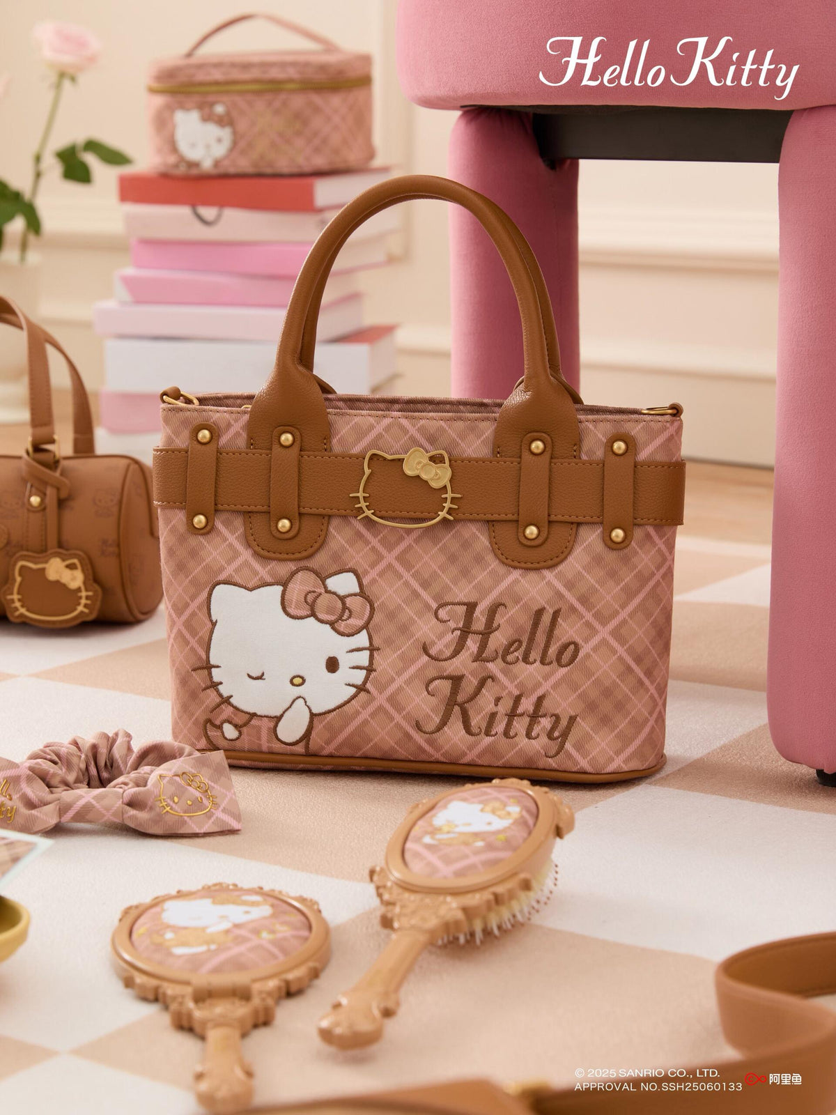 Hellokitty Embroidered Plaid Tote Bag Handbag