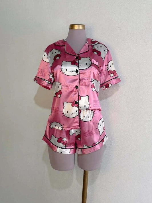 Sanrio Womens Silk Satin Pajama Sets Short Sleeve Button Down Sleepwear Cozy Loungewear 2 Piece Pjs Shorts Set (S-XXXL)
