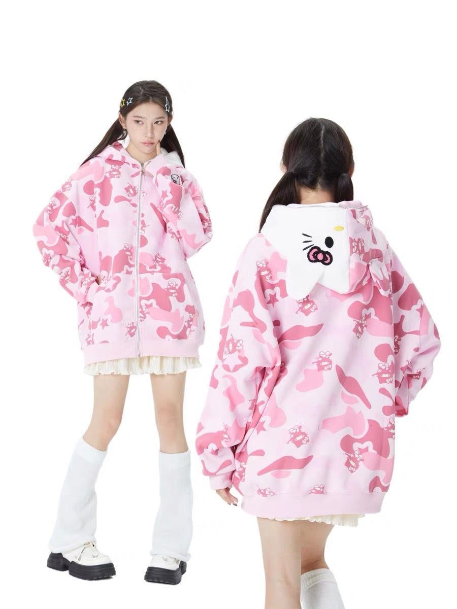Hellokitty Camouflage Hoodies Fall Jacket Oversized Sweatshirts Casual Drawstring Zip Up Y2K Hoodie with Pocket