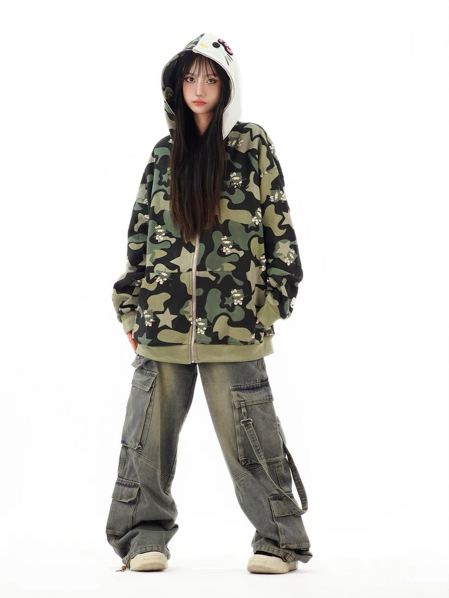 Hellokitty Camouflage Hoodies Fall Jacket Oversized Sweatshirts Casual Drawstring Zip Up Y2K Hoodie with Pocket