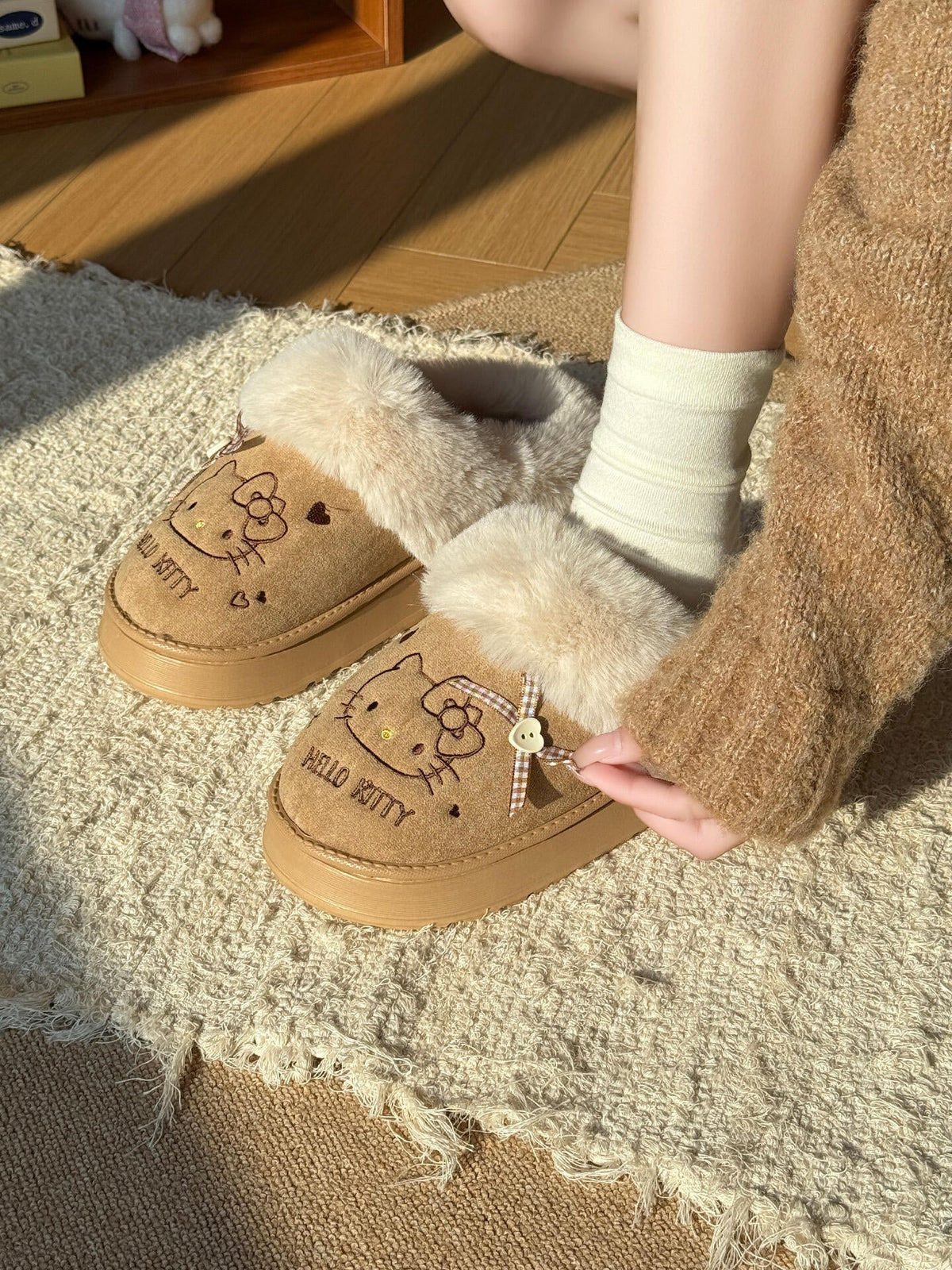 Hellokitty Fuzzy Slippers Fluffy Fall Winter House Cute Shoes Indoor and Outdoor