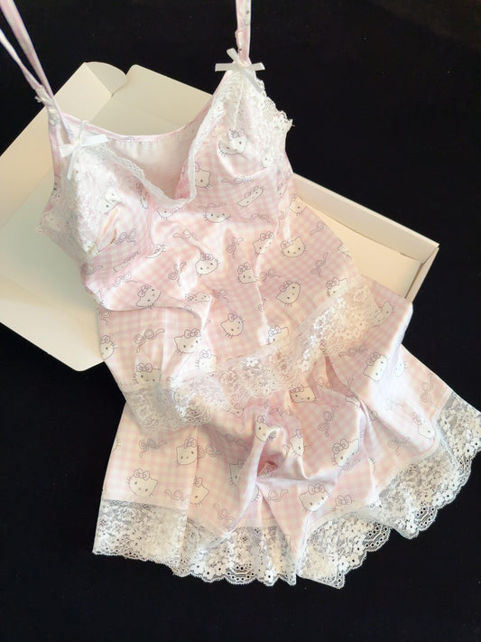 Hellokitty Pink Lace Pajama Set for Women 2 Piece Lingerie Sleepwear Camisole Pj Shorts Set Soft Nightwear