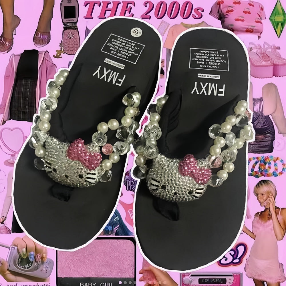 Hello Kitty Rhinestone High Platform Flip Flops Sandals Slippers