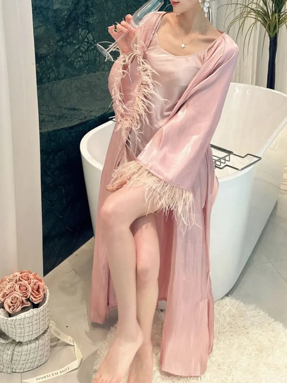 "Blush Feather" Satin Robe & Slip Dress Two-Piece Set