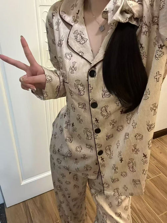 Gothic Kitty Cartoon Print Satin Pajama Set