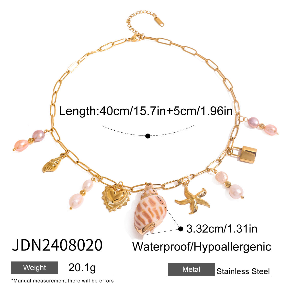 Stainless steel 18k gold-plated heart pearl ocean style necklace