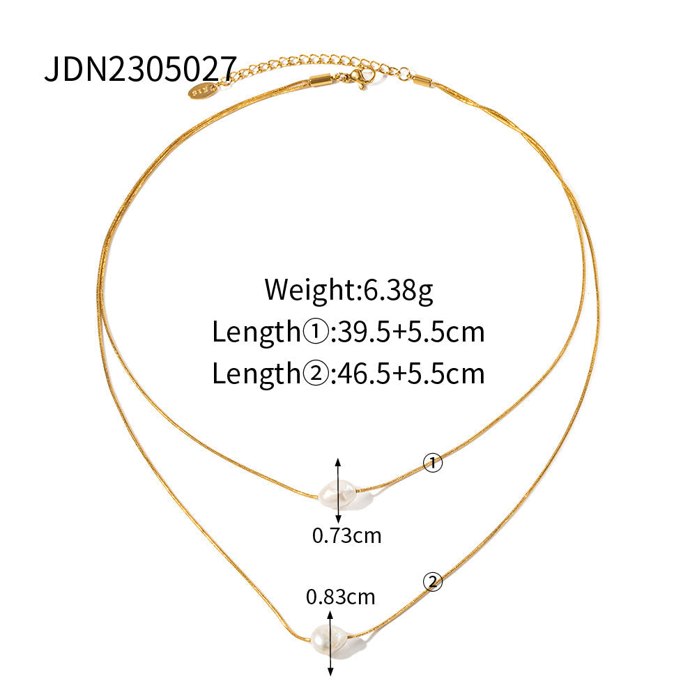 Stainless steel 18k gold-plated double-strand pearl necklace