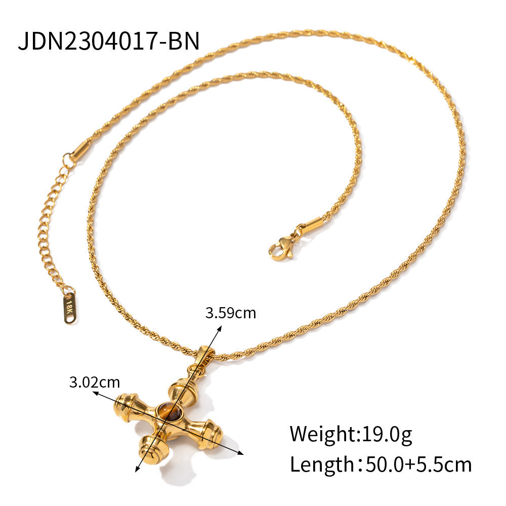 Stainless steel 18k gold-plated tiger's eye stone cross necklace