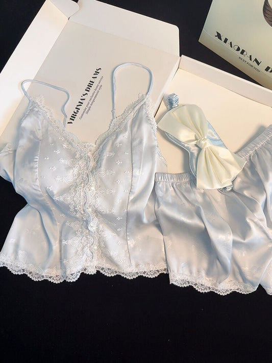 Satin Lace Pajama Set for Women 2 Piece Silky Lingerie Sleepwear Camisole Pj Shorts Set Soft Nightwear