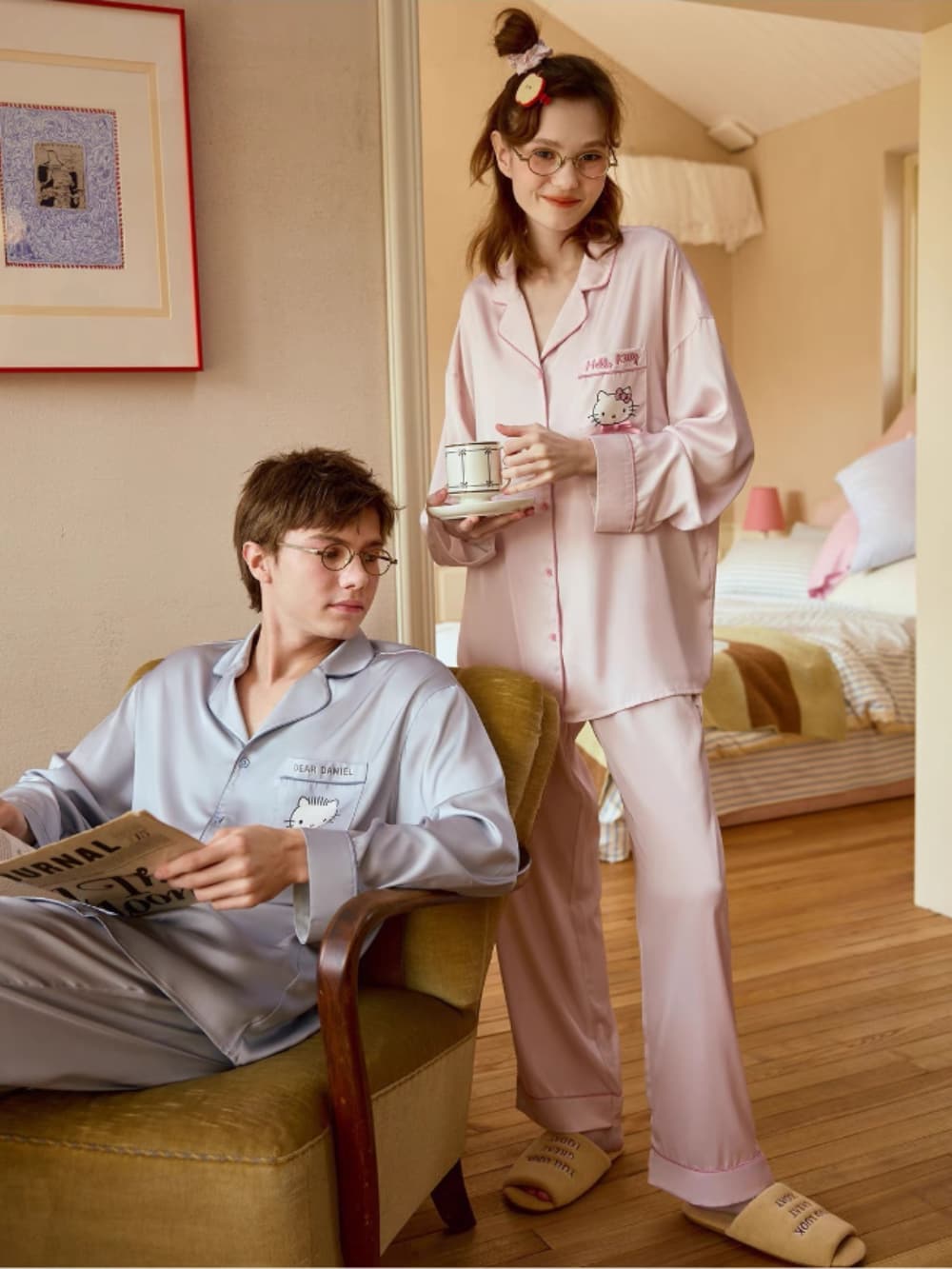 Hello Kitty & Dear Daniel Matching Satin Long-Sleeve Couple Pajama Set, Long-Length Sleepwear