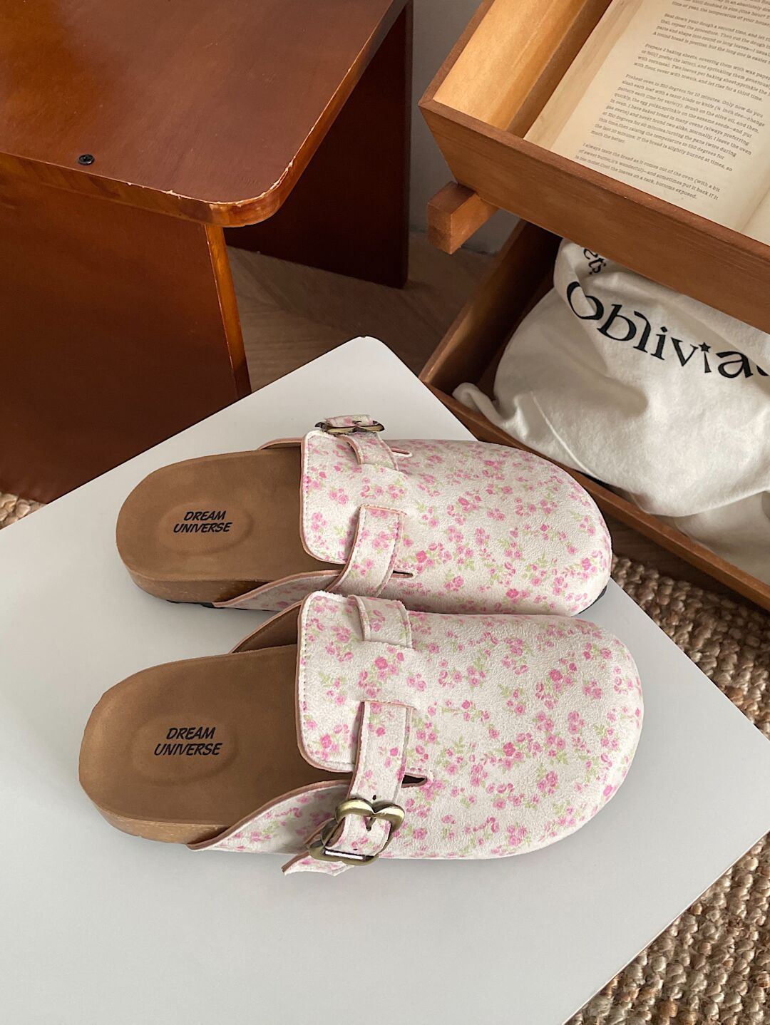 Floral Print Suede Clogs Leather Mules Cork Footbed Sandals Potato Shoes with Arch Support