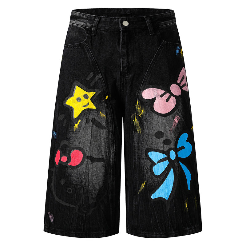 HK Graffiti Denim Shorts - Unisex Wide Leg Capris for Summer (S-XL)